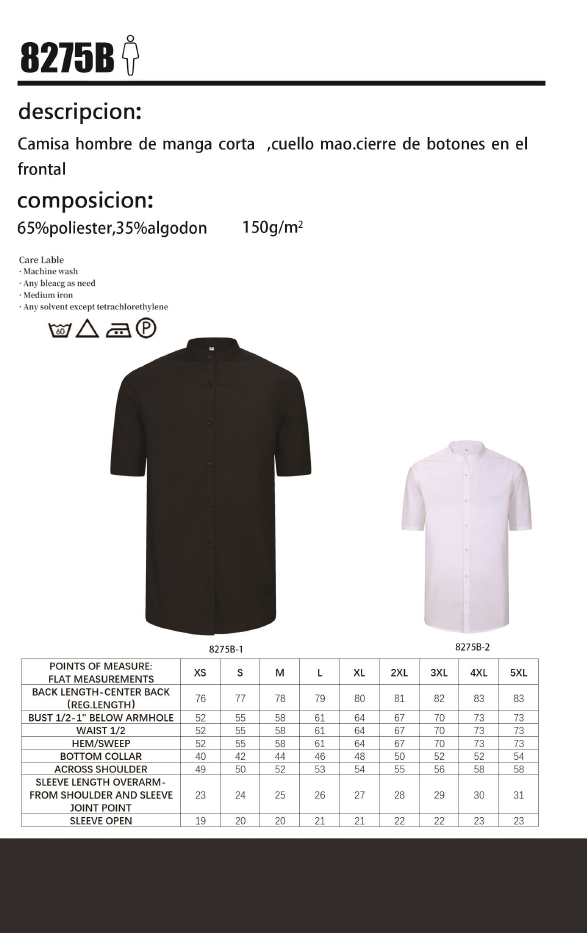 Camisa Camarero para Hombre con Mangas Cortas 8275B - MISEMIYA Uniformes de Trabajo