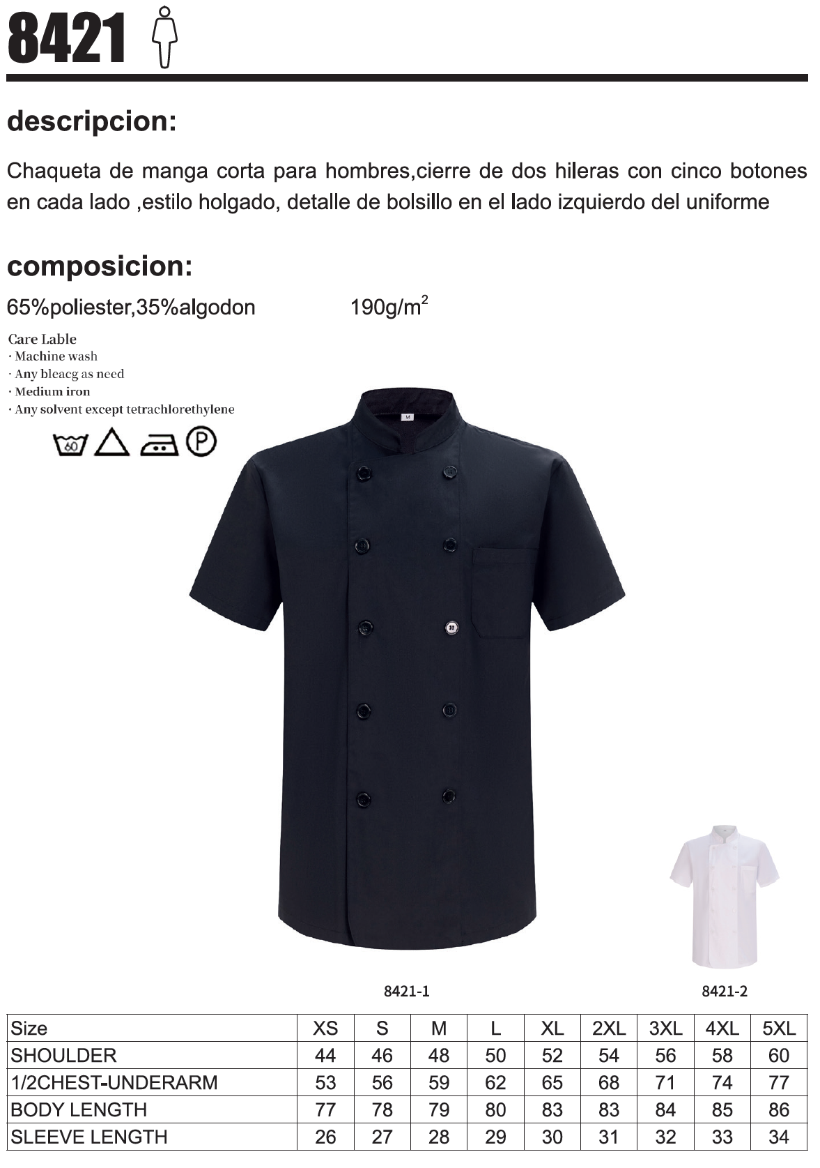 Chqueta Chef Para Hombra con Mangas Cortas 8421 - MISEMIYA Uniformes de Trabajo